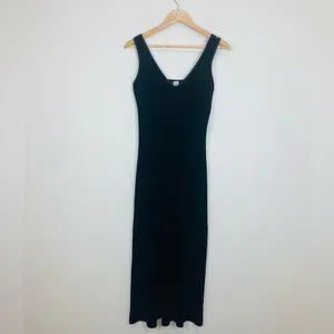 Vintage 90s minimalist stretch black velvet V-neck sleeveless midi dress. Small. thumbnail 2