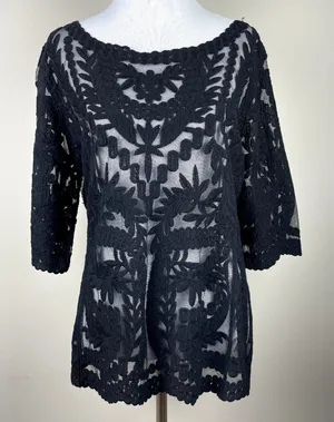 Laundry by Shelli Segal Blouse‎ Large Black Lace Brocade Over Mesh Scalloped Hem thumbnail 1