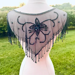 Vintage Beaded Black Mesh Caplet Collar Scarf with Fringe & Sequins thumbnail 8