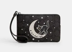 Coach NWT Signature Corner Zip Wristlet with Halloween Graphic Cat thumbnail 1