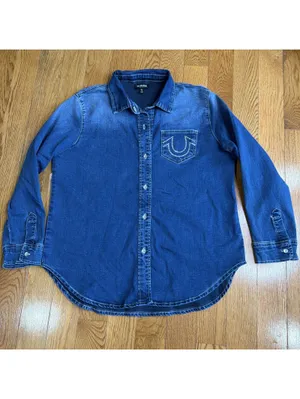 Size Large Women’s True Religion Western Denim Shirt Crystal Horseshoe thumbnail 3
