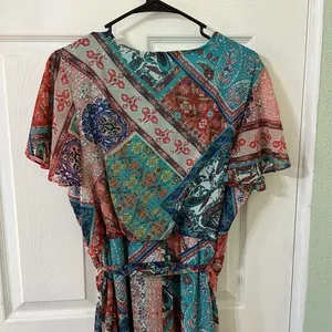 One World Woven Chiffon Ruffle Mixed Patchwork Knit Lined Midi Dress Women's XL thumbnail 4