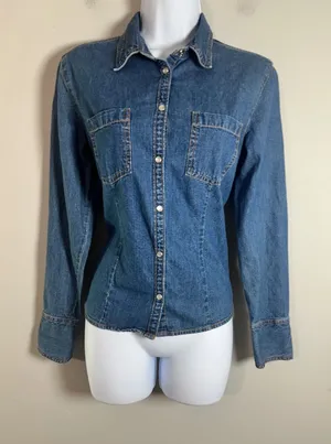 Mountain Lake Womens Medium Blue Denim Western Pearl Snap Long Sleeve Shirt thumbnail 1