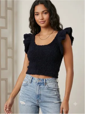 POL Cozy Flutter Sleeve Cropped Top, Size M Black thumbnail 1