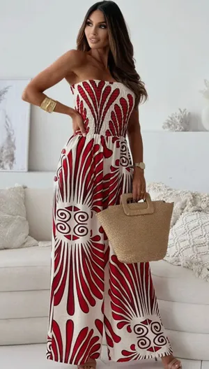 Rita Bandeau Shirred Wide Leg Jumpsuit-Red thumbnail 1