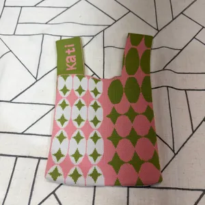 Kati Knit Mini‎ Tote Bag Small Pink Green Geometric Harlequin Pattern thumbnail 2
