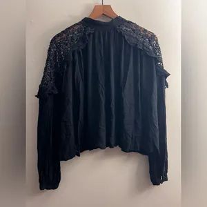 Free People Black Little Bit of Love Blouse long sleeve ruffle eyelet L thumbnail 5