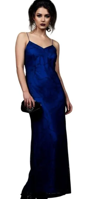 Vtg Beaded Gown Slip Dress Blue 12 Prom Whimsigoth Formal Goth Cassandra Stone thumbnail 1