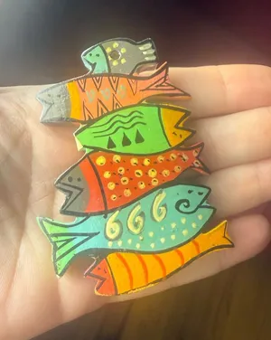 Laurel Burch Signed Stacked Fish Art Plaque Colorful Nautical Folk Art thumbnail 1