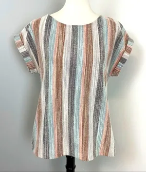 W5 Striped Textured Cuffed  Short Sleeved Top Medium thumbnail 1