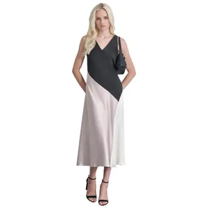 DKNY Satin Colorblocked Slip V Neck Midi Dress Black / Cloud / Eggshell 16 thumbnail 11