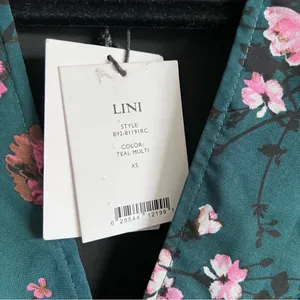 LINI Isabelle Floral Mini Dress Teal Pink Puff‎ Long Sleeve V-Neck Fit & Flare thumbnail 7