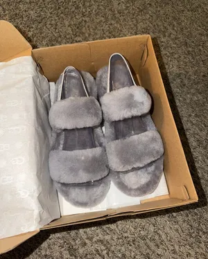 UGG Gray Plush Double-Band Slide Slippers thumbnail 1