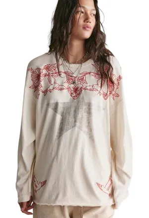 Free People We The Free Fly By Long Sleeve Tshirt Ivory Combo Star Embroidered M thumbnail 1