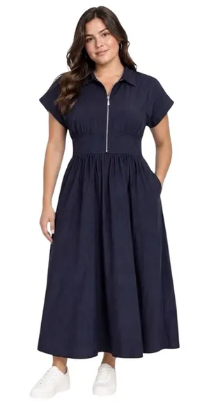 She + Sky Navy Blue Zip Front Drop Shoulder Midi Dress NWT Size L thumbnail 1