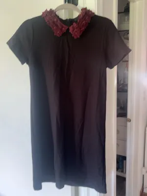 AQUA Black Shift Dress Burgundy 3D Floral Collar Size M thumbnail 2