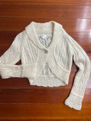 Rare Vintage Y2K Mohair & Wool LOFT Pointelle Crop Bolero Cardigan Sz L 💛🎀 thumbnail 6