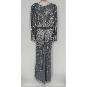 Mac Duggal Sequined Wrap Over Bishop Sleeve‎ Gown 4 Silver Formal Gala Wedding thumbnail 7