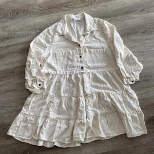 ZARA poplin long collared shirt dress tiered cream ivory ecru 3/4 sleeve large thumbnail 6