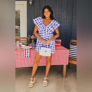 Lulus NWOT Day & Moon Boutique Brand White/Blue Checker Gingham Print Romper | Size: M thumbnail 2