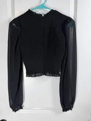 Wilfred Aritzia Black Tempest Smocked Blouse with Sheer Long Sleeves thumbnail 4