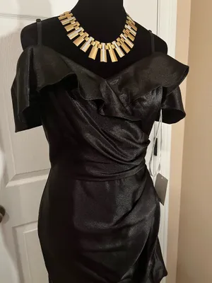 David's Bridal Black Off-Shoulder Satin Fancy Bridesmaid Wedding Guest Dress thumbnail 2