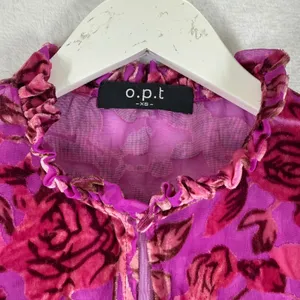 o.p.t Womens Floral Burnout Velvet Mini Dress Magenta Pink Smocked‎ Waist XS thumbnail 7