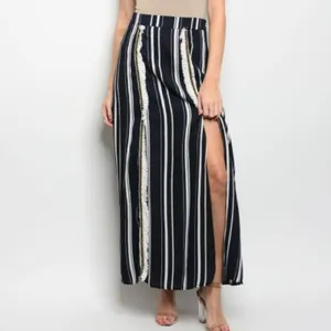 Polagram Navy Blue & White Stripe Split Maxi Skirt Women's Size Large thumbnail 2