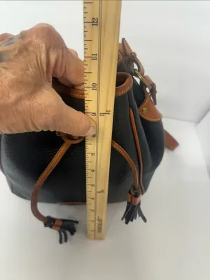 Dooney & Bourke Black Pebbled Leather Drawstring Bucket Bag with Tan Trim thumbnail 6