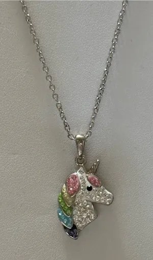 Rainbow Crystals Fine Silver Plated Unicorn Pendant 18” Necklace Cable Chain thumbnail 1