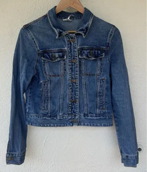 Free People Cropped Denim Jacket Blue Button Front Trucker Jean Western Distress thumbnail 1