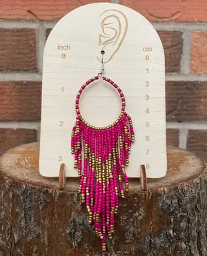 Beaded Fringe Hoop Drop Earrings - Dark Pink & Brass thumbnail 2