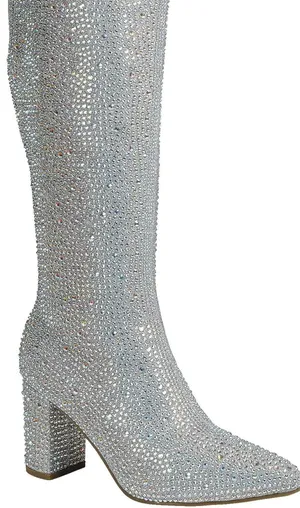 Pointed Toe Rhinestone Block Heel Boots Silver Size 8.5 thumbnail 1