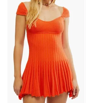 New Free People Cherie Tie Back Knit Mini Dress Size Medium Orange Red thumbnail 1