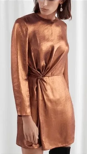 & Other Stories Metallic Shiny Satin Bronze Gold‎ Mini Dress Size 2 NWT thumbnail 1