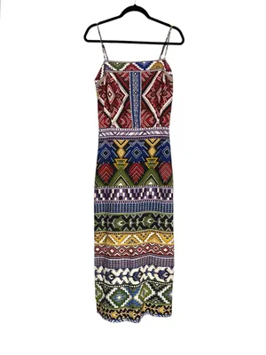 Farm Rio Linen Blend Multicolor Tribal Print Sleeveless Midi Dress thumbnail 3