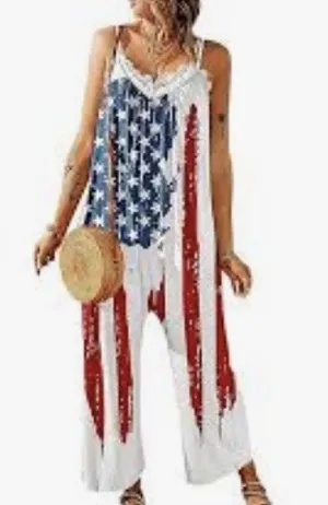 Show your style with this vibrant patriotic jumpsuit, featuring bold red, white, and blue colors. Perfect for any casual outing. thumbnail 1