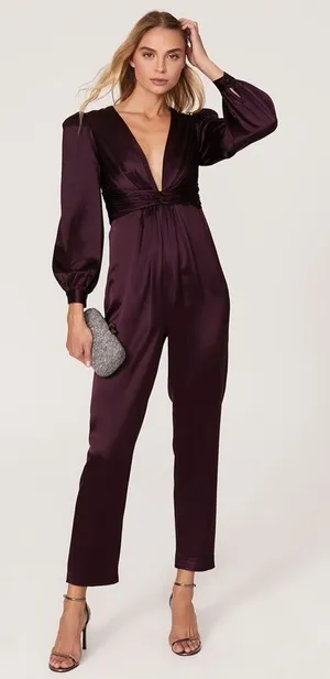 NWT Mac Duggal Front Twist Puff Sleeve Deep V Jumpsuit Size 2 Plum #2647 thumbnail 1