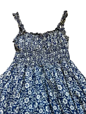 Blue Floral Babydoll Midi Dress Milkmaid Smocked Waist Cottage Boho Summer thumbnail 2