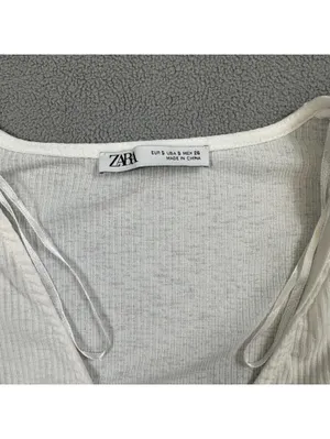 Zara Women's White Ribbed Lace Sleeve V-Neck Cutout Blouse Top Size Small thumbnail 3