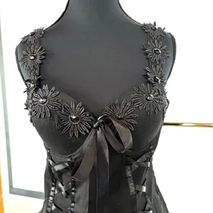 Sexy Witch Black Faux Lace Up Whimsigoth Coquette Dark Fairy Smocked Back Tank thumbnail 2