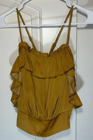 Free People Ruffle Cami Top Womens Medium Mustard Yellow‎ Smocked Cropped Satin thumbnail 1