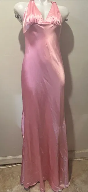 Elegant Backless Satin Halter Maxi Dress - Pink thumbnail 1