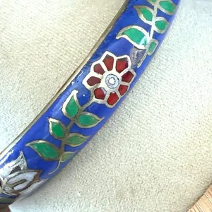 Vintage Thailand Cloisonné Floral Bangle Bracelet Blue Enamel Hinged thumbnail 6