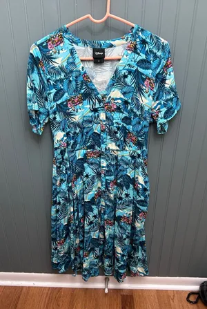 Disney Women Blue Tropical Palm Leaf House Print Button Front Midi Dress Size 0 thumbnail 1