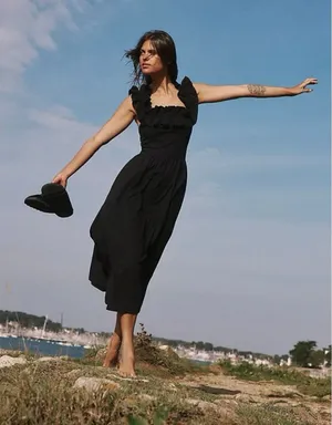 Free People Ruffle It Up Midi Dress Black Smocked Tie Cotton Size Medium thumbnail 1