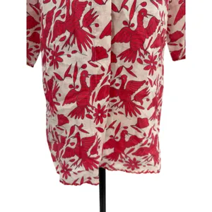 Nimo With Love Linen Bird Print Ruffle Neck Blouse‎ Red Cream Size XS thumbnail 3