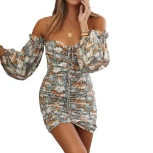 Hello Molly Basque Country Long Sleeve Ruched Mini Dress Floral Sage M NWT Event thumbnail 3