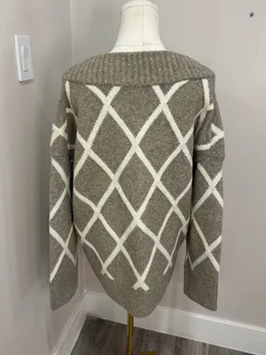 Abercrombie & Fitch Oversized Vintage Taupe Cream Geometric Knit Sweater Large thumbnail 3