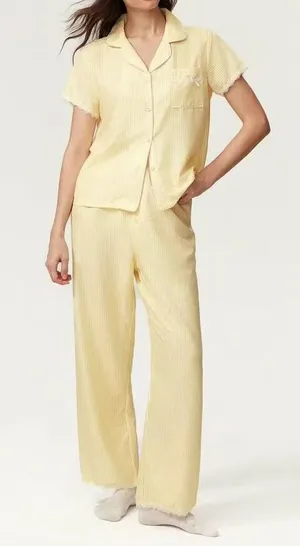 Yellow striped lace trim pajama set thumbnail 1
